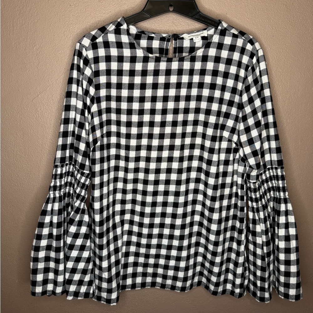 Beach Lunch Lounge Black Cream Buffalo Plaid Bell Sleeve Blouse